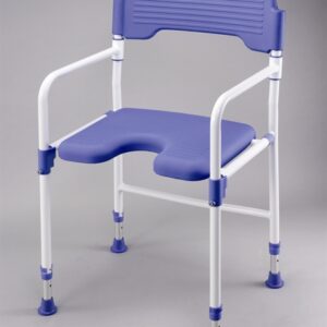 Folding shower chair with blue upholstery and white frame