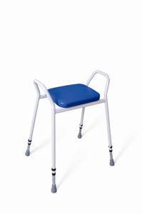 white framed perching stool with arms and blue upholstery