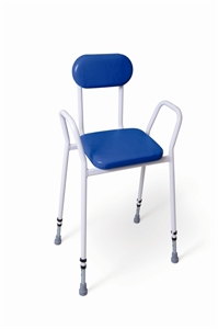 white framed perching stool with arms and back with blue upholstery