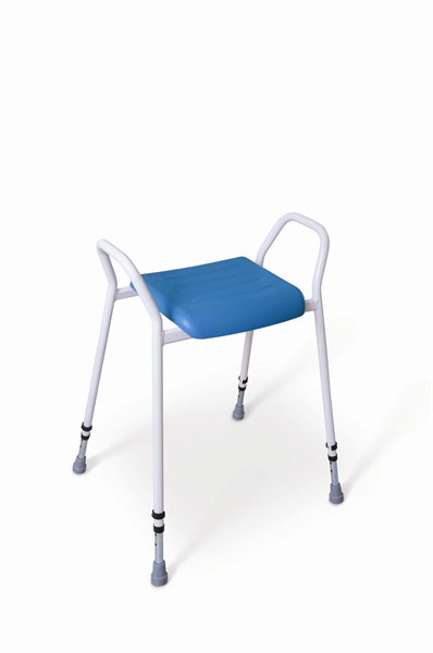 Perching stool with white frame and blue upholstery