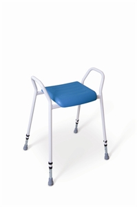Perching stool with white frame and blue upholstery