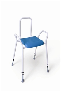 Perching stool with white frame and blue upholstery