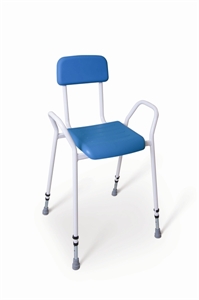Perching stool with white frame and blue upholstery