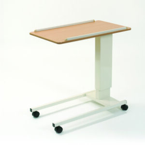 Beech table on a white background. Black castors.