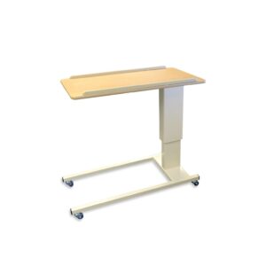 Rise & fall table with blue wheels