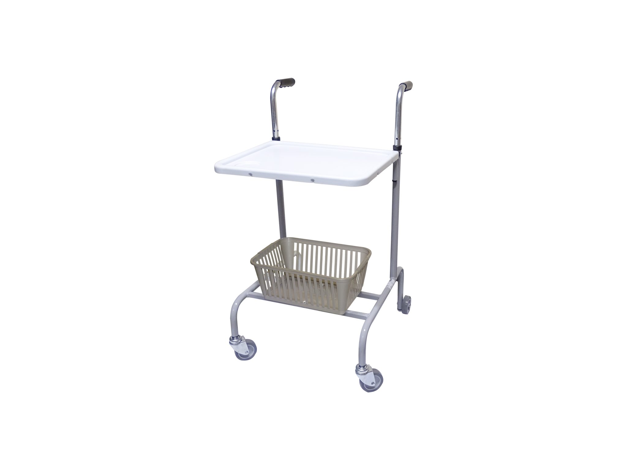 Wheeled trolley with basket and tray