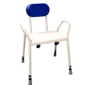 white framed shower stool with blue back