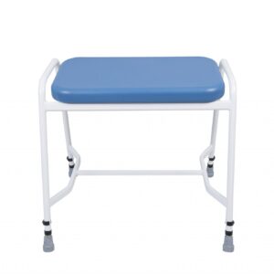 white framed perching stool with blue seat