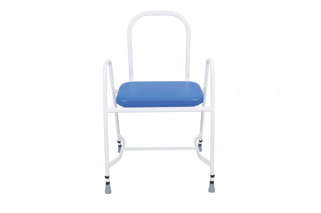 white framed perching stool with blue seat