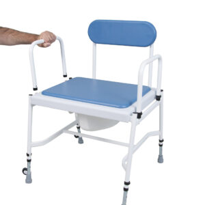 white framed commode stool with blue back and seat