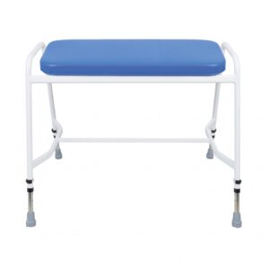 white framed perching stool with blue seat