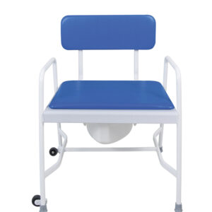 white framed commode with blue back and seat