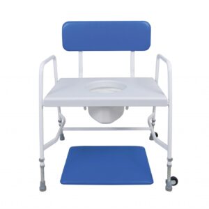 white framed commode with blue back and seat