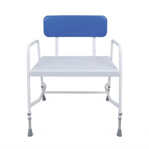 white framed shower chair with blue back