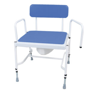 white framed commode with blue seat and back