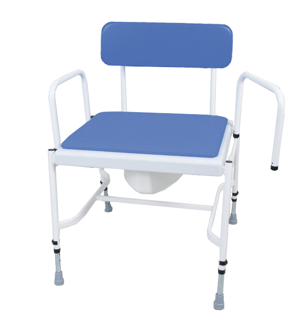 white framed commode with blue seat and back