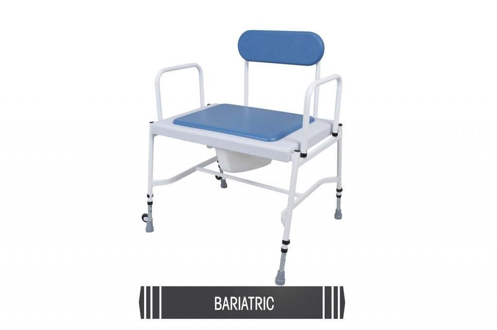 white framed commode with blue seat and back