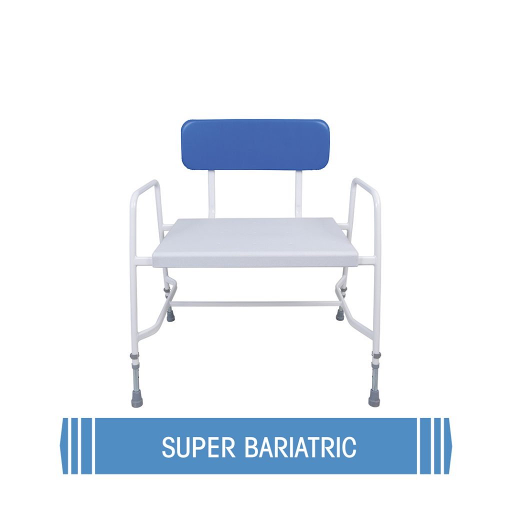 Super Bariatric chair in white with blue back and blue super bariatric sign beneath