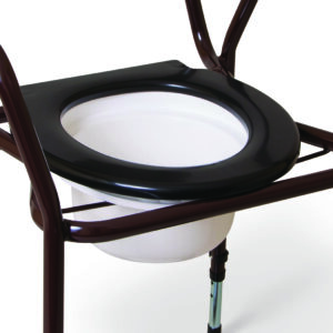 Black toilet seat on brown frame